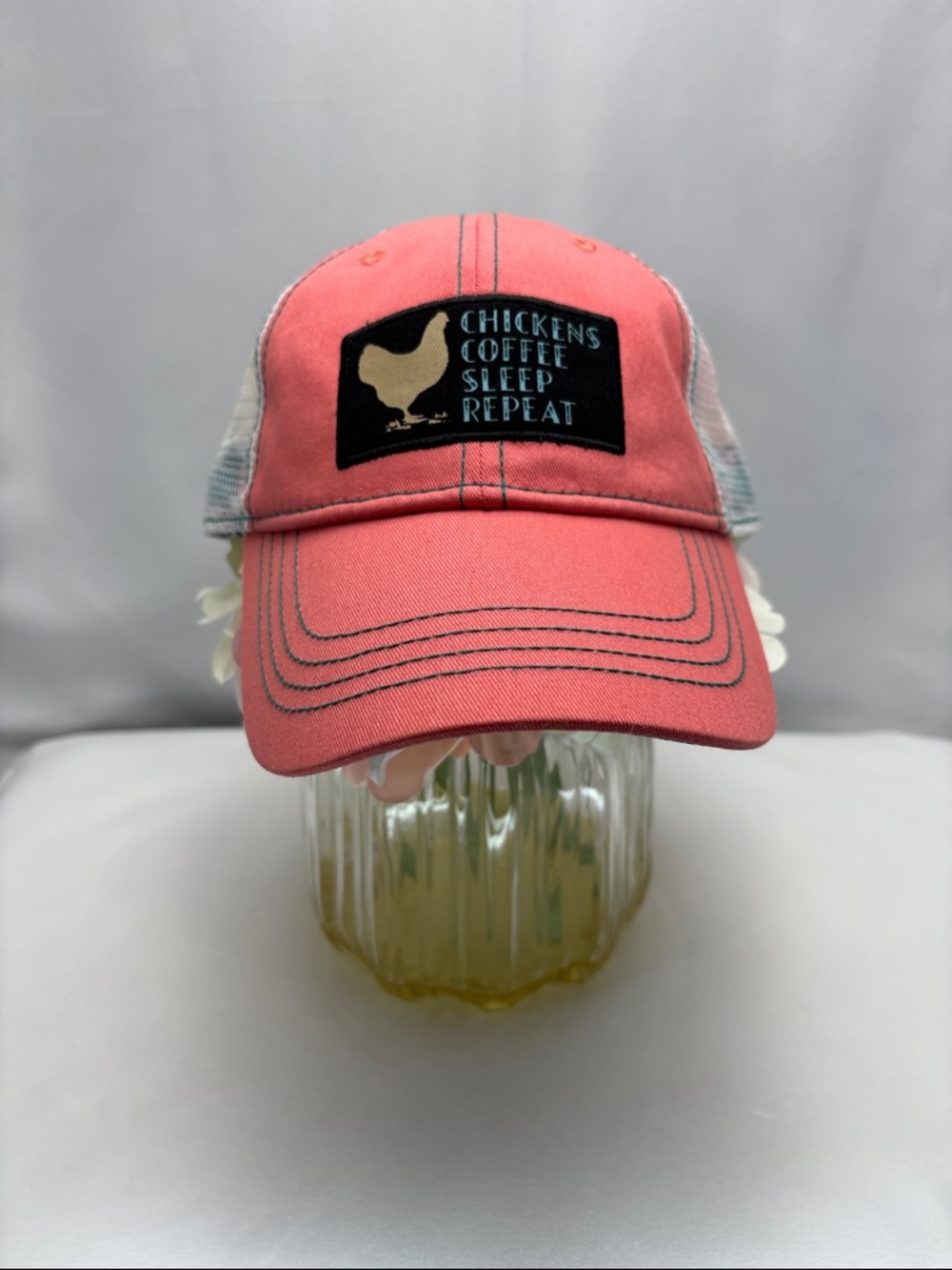Dang Chick Farmers Trucker Hat “Chickens Coffee Sleep Repeat” Pink/Coral Color